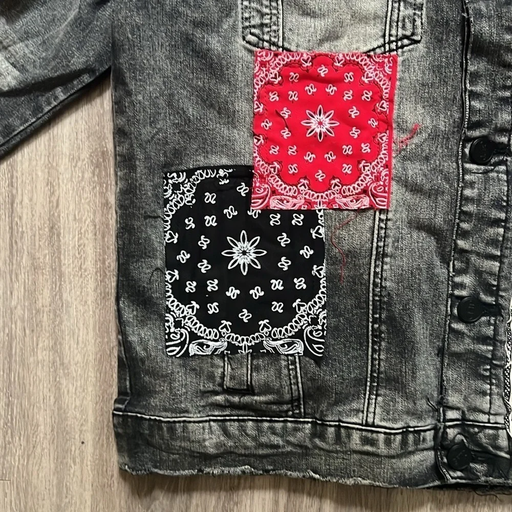 Giftd Tour Black and Red Jean Jacket Bandana Handmade Distressed Denim Large